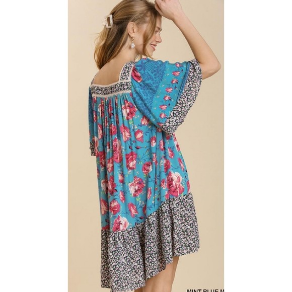 New UMGEE Small Mixed Floral Print Square Neck Ruffle Sleeve Button Front Dress - Picture 5 of 5